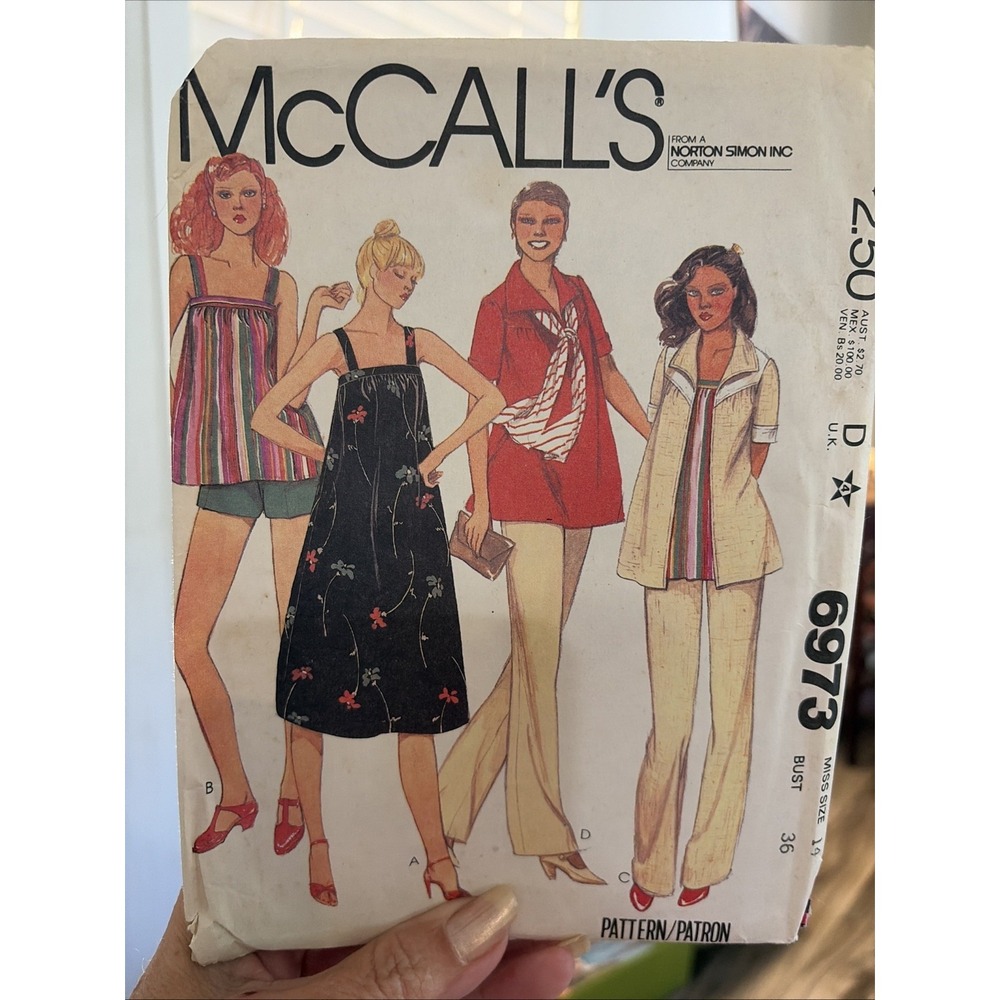 70s McCalls Sew Pattern 6973 MATERNITY Dress Jacket Top Pants Shorts Sz 14 CUT